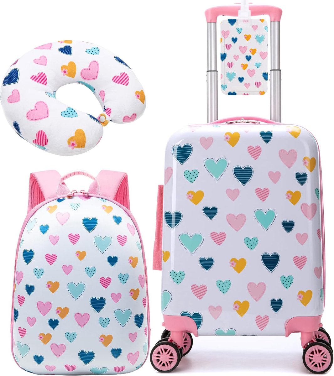 Koffer voor kinderen, 3-delig, trolley voor meisjes, harde koffer met 4 wielen, 360 graden, inclusief rugzak, nekkussen en etiket, A-hart