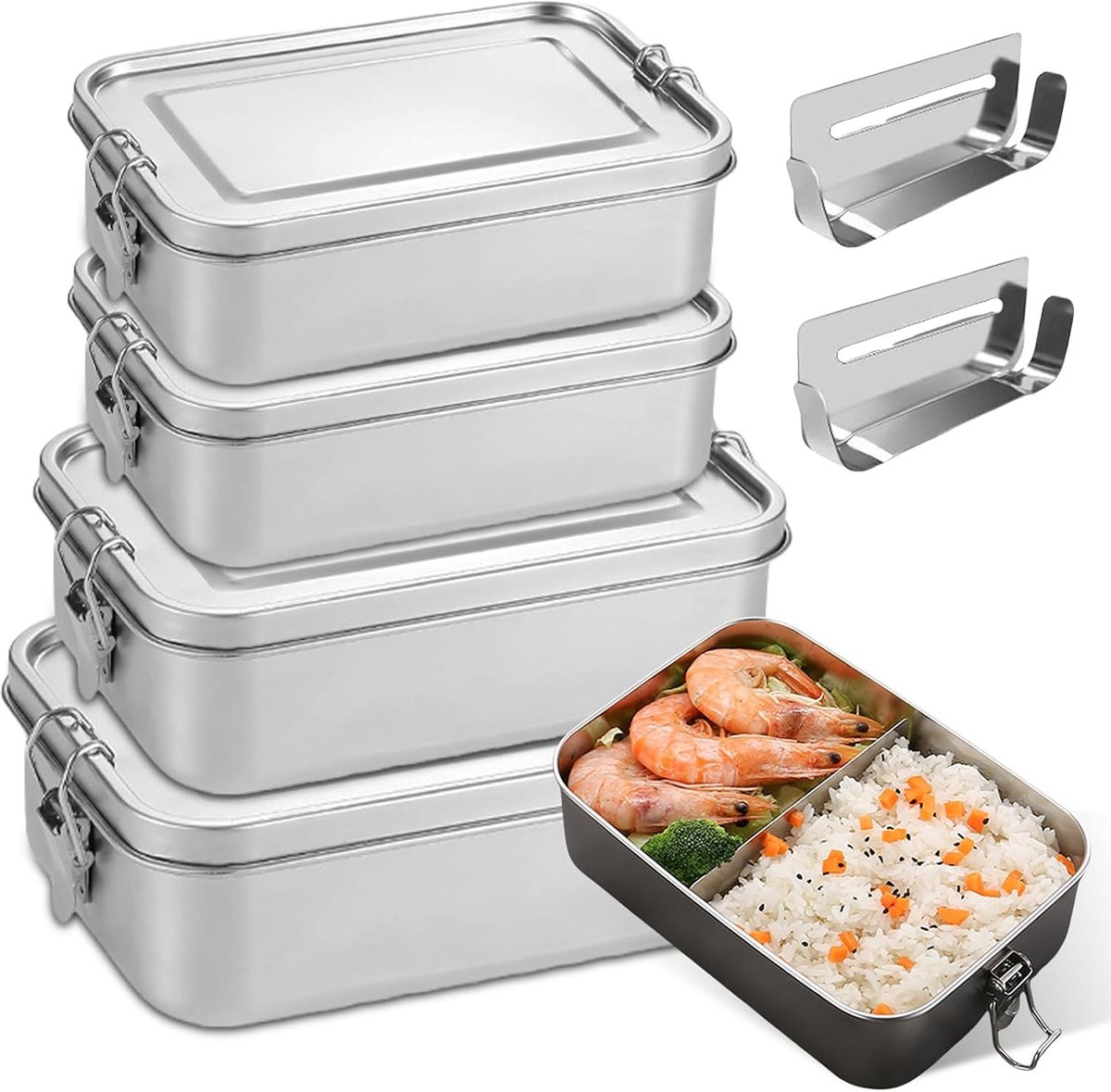 4 stuks broodtrommels, roestvrij staal, inhoud 1400/850/550/550 ml, 304 stalen bentoboxen met 2 vakken voor soep, salade en restmaaltijden, lekdicht, stapelbaar