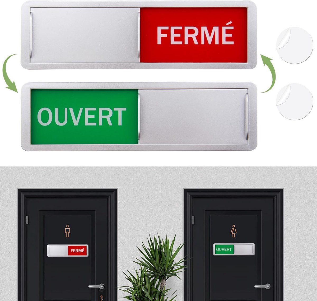 open/gesloten, 17,7 x 5,2 cm, magnetisch, open/gesloten, decoratieve zilveren borden voor vergadering, toilet, school, kantoor, toilet, badkamer, met 2 ronde lijmen