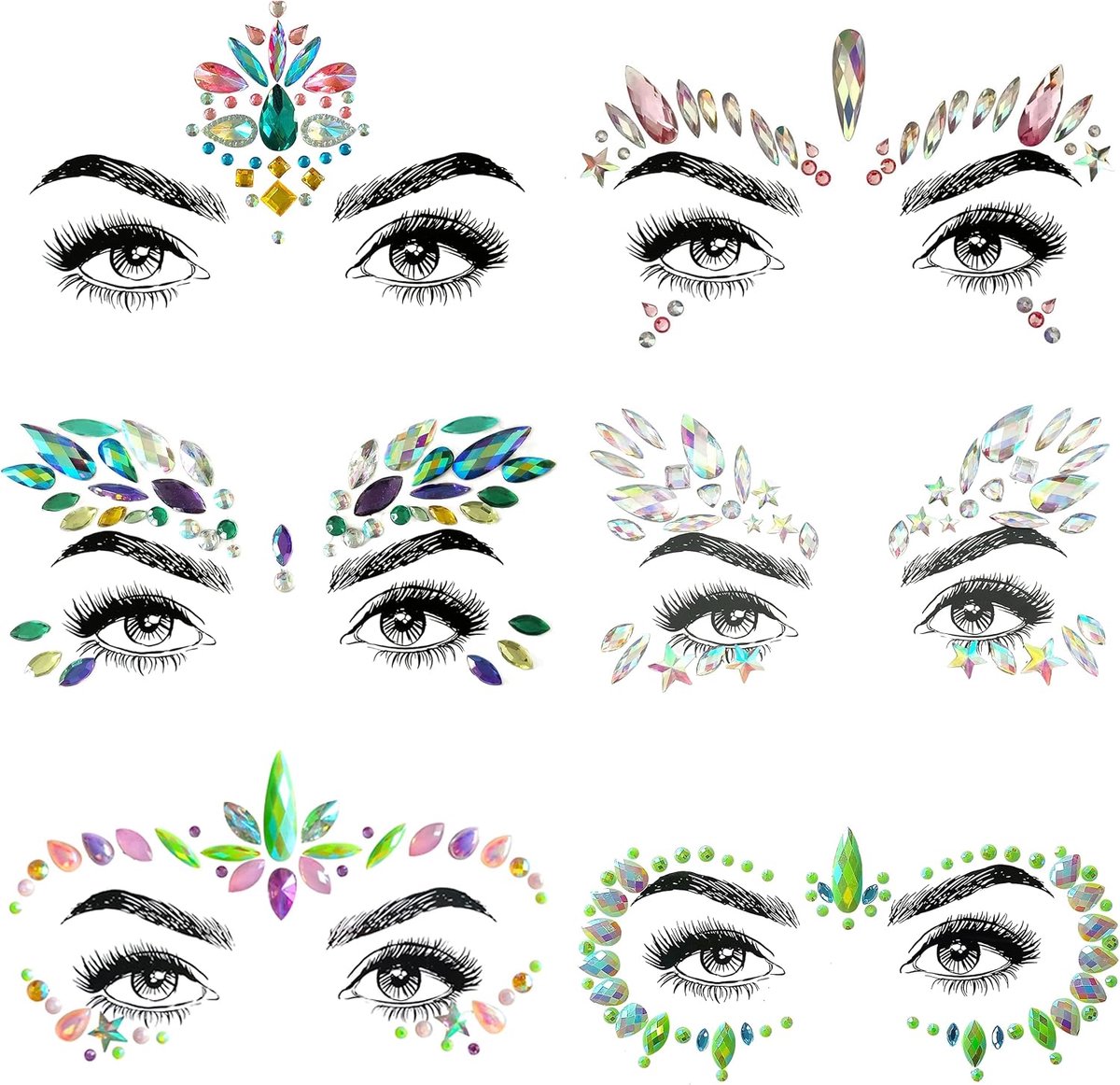 6 stuks edelstenen gezichtsstickers voor muziekfestival vakantiefeest strass gezicht sticker voor Halloween Kerstmis, gezicht glitter sticker tijdelijke tatoeage voor verjaardag carnaval