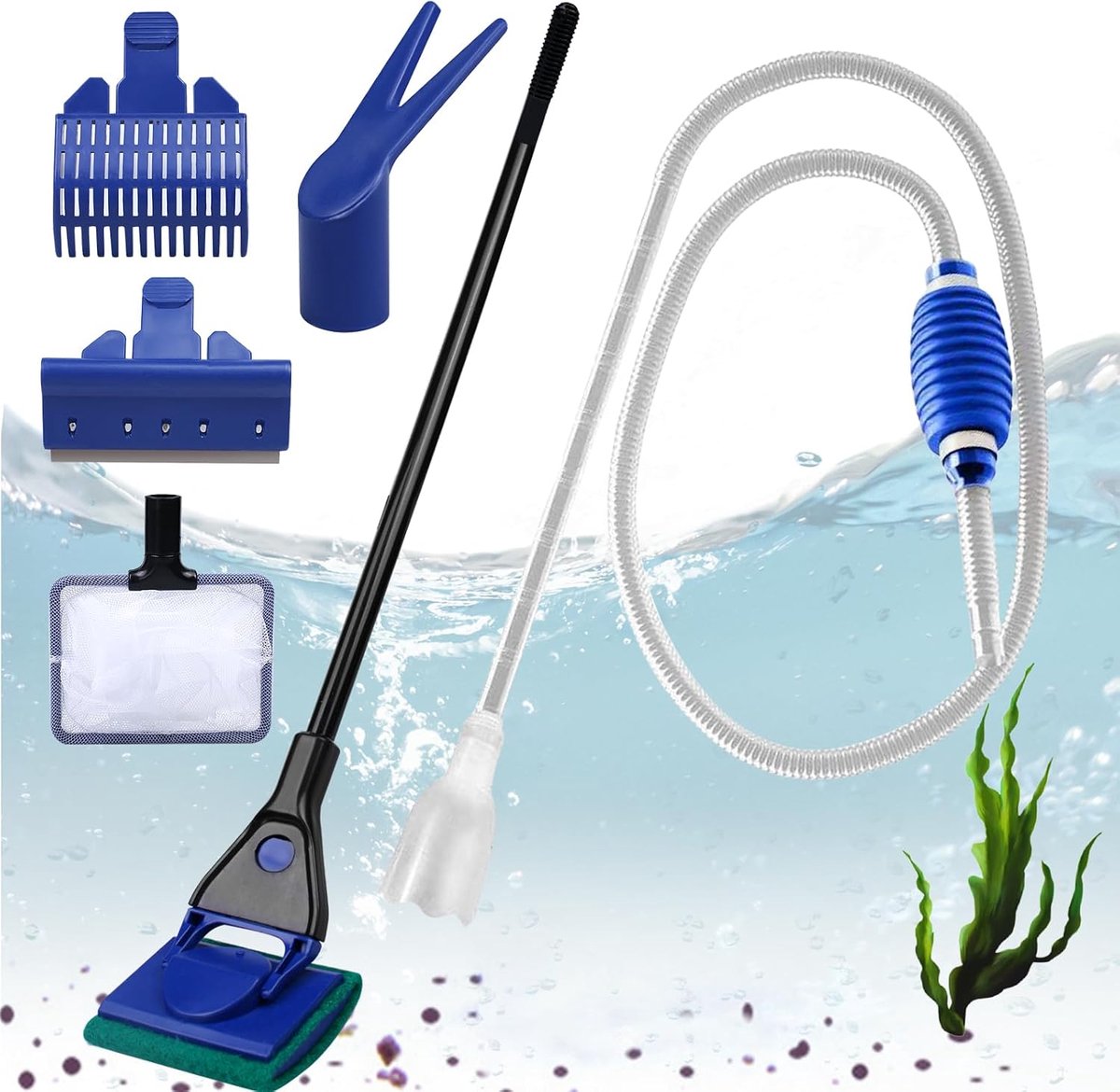 Schoonmaakset 5 in 1: aquarium toebehoren, aquarium waterverversing sifon en 5 schoonmaakgereedschappen Afneembaar, aquarium schoonmaakset, aquarium schoonmaakgereedschappen voor