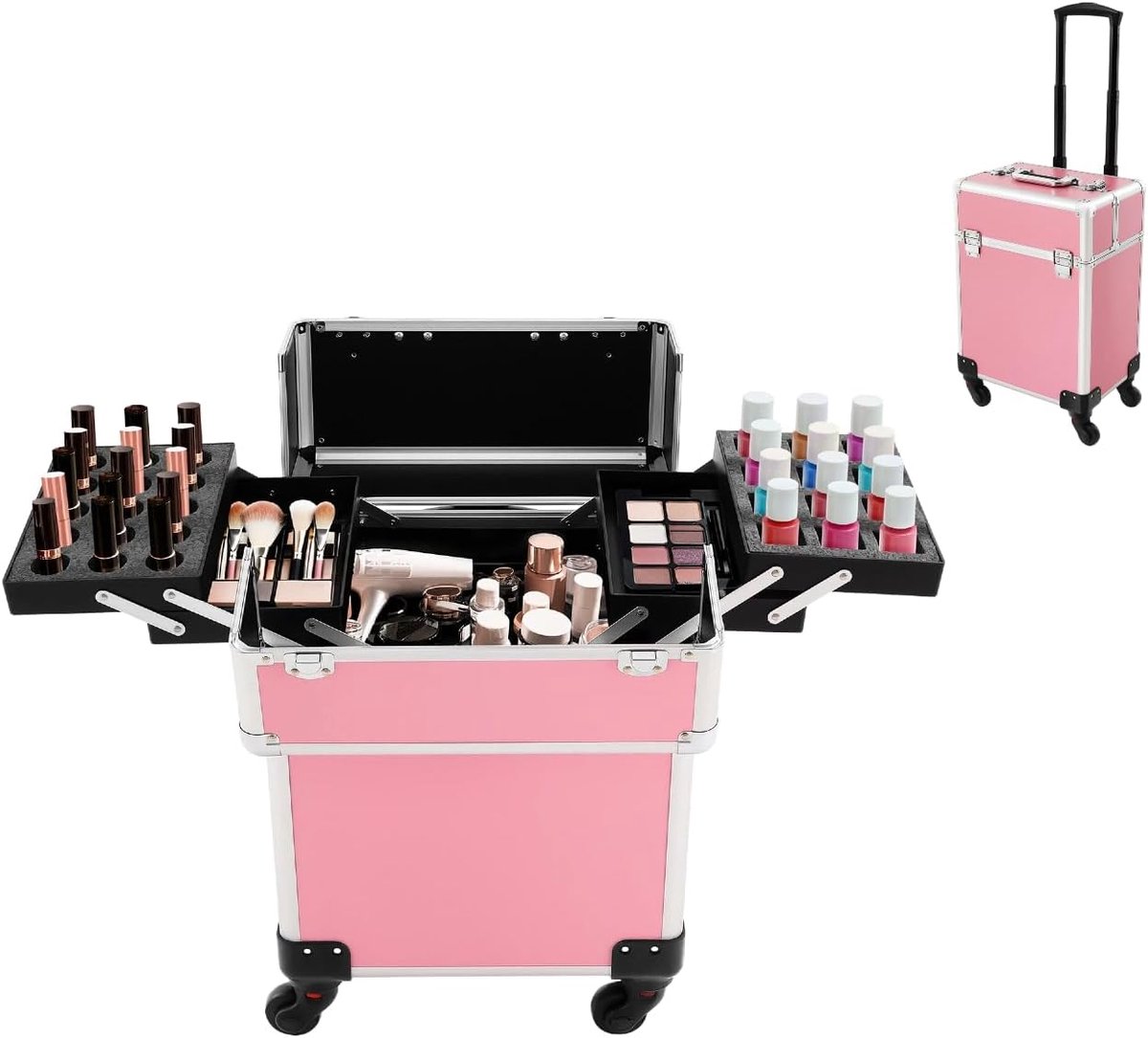 Trolley, professionele aluminium make-upkoffer, rollbare kapperskoffer met wielen, slot en telescoopgreep, grote nageltrolley voor visagisten en kappers, nagelstudio (roze)