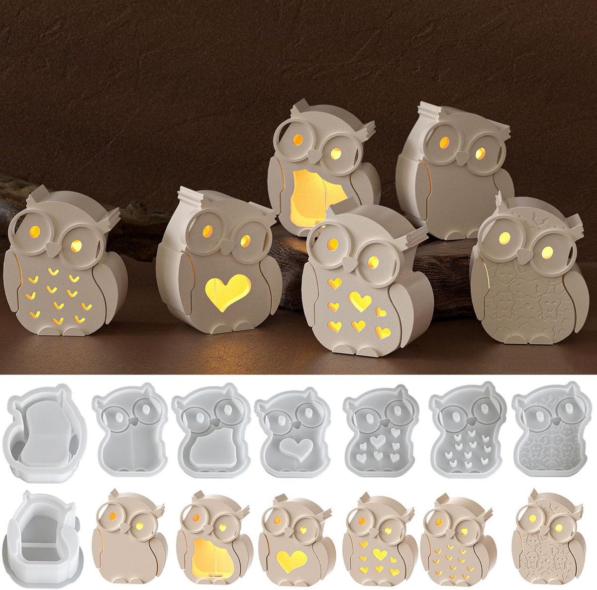 9 stuks siliconen gietvormen, uil, 3D-siliconenvorm, uil met paneel, gietvormen, siliconen uil gipsvormen voor gieten, siliconen vorm, gietvorm, siliconen vorm, Halloween voor handwerk (A)