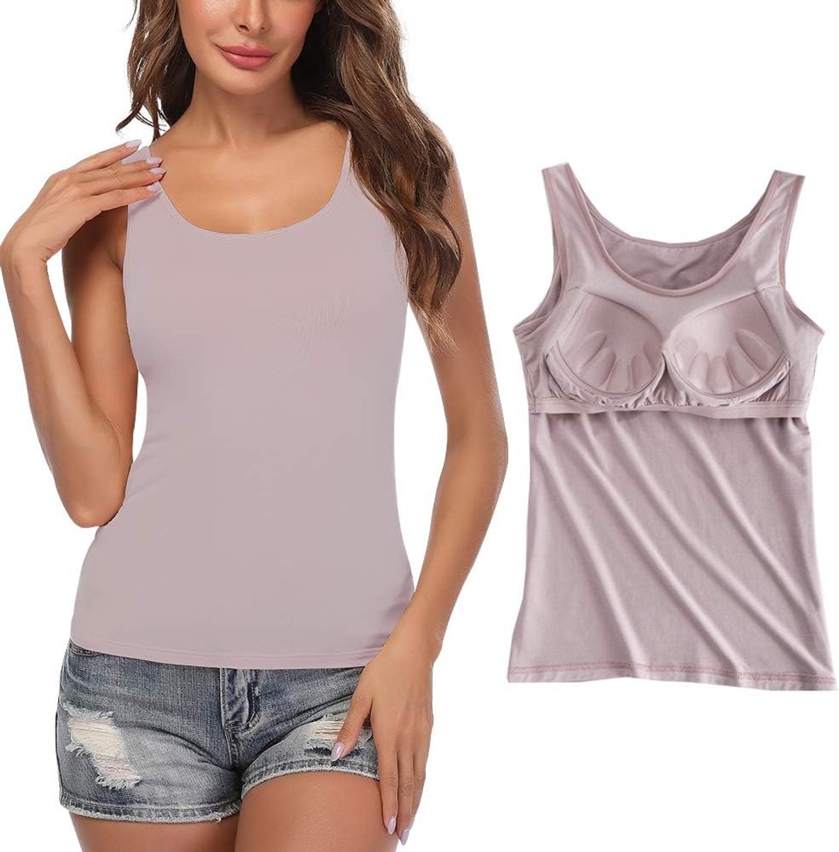 Basic onderhemd voor dames, U-hals, ingebouwde beha, gewatteerde tanktop, XS-2XL