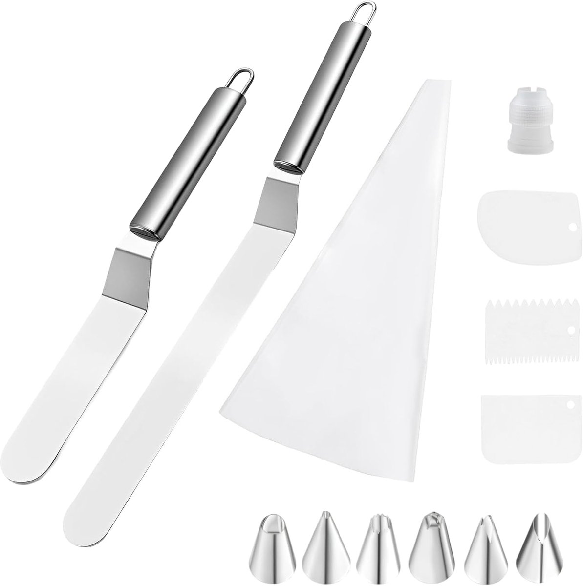 2 stuks spatel voor gebak, schuine spatel van roestvrij staal, spatel, keuken, cake, gladmaken met set bakgerei voor cupcakes, glazuur, gebak (zilver)