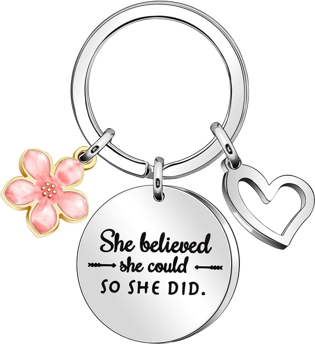 Motiverende sleutelhanger voor dames met gravure: She Believed She Could SO SHE DID inspirerende sleutelhanger roestvrij staal emaille bloem hart hanger - zakken charm accessoire cadeau