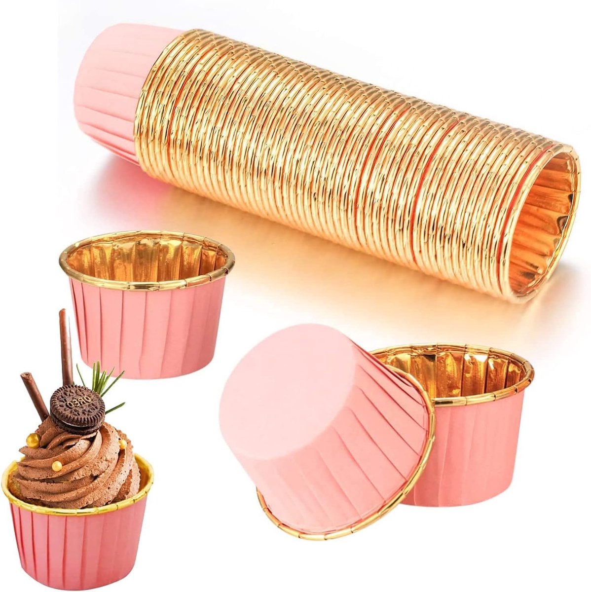 Papier, cupcakevormen papier, 50 stuks, roze-goud, anti-aanbaklaag, wegwerpbakbekers voor muffinvorm, cupcake