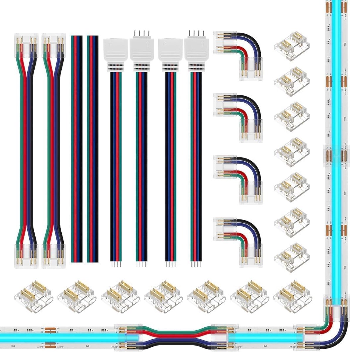 4-pins 10 mm L-stekker - dubbele printplaat naar print/kabel, 15 cm, 22 AWG-kabel, JST-SM-stekker, voor het verbinden van 4-polige RGB-FCOB-ledstrips