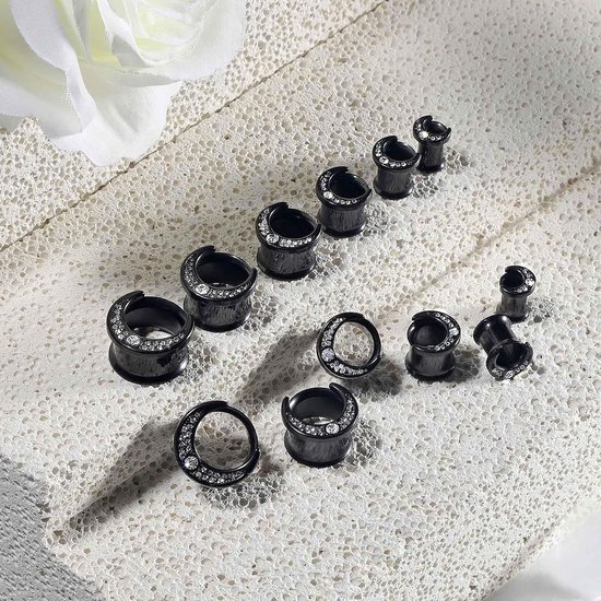 Tunnels, flesh plugs, roestvrij staal, zirkonia, oorpiercing, oorstekers, double flared punk piercing, sieraden, zilver zwart, 6 mm-16 mm — afbeelding 3