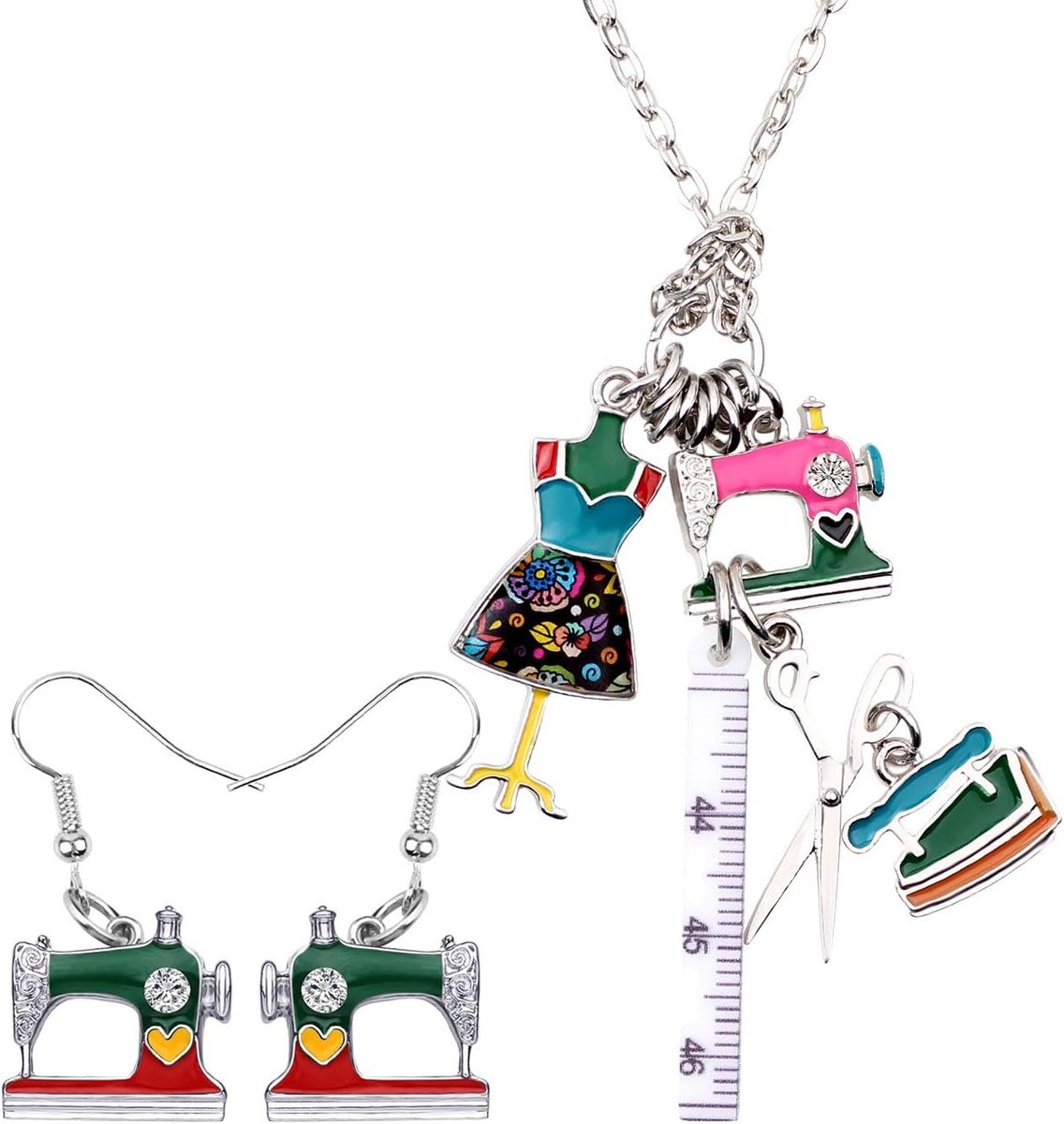 Vintage Naaimachine Oorbel Ketting Emaille Legering Strass Heerser Schaar Tailor Iron Gereedschap Sieraden Sets Hanger Voor Vrouwen Tiener Meisje Naaister Charm Gift