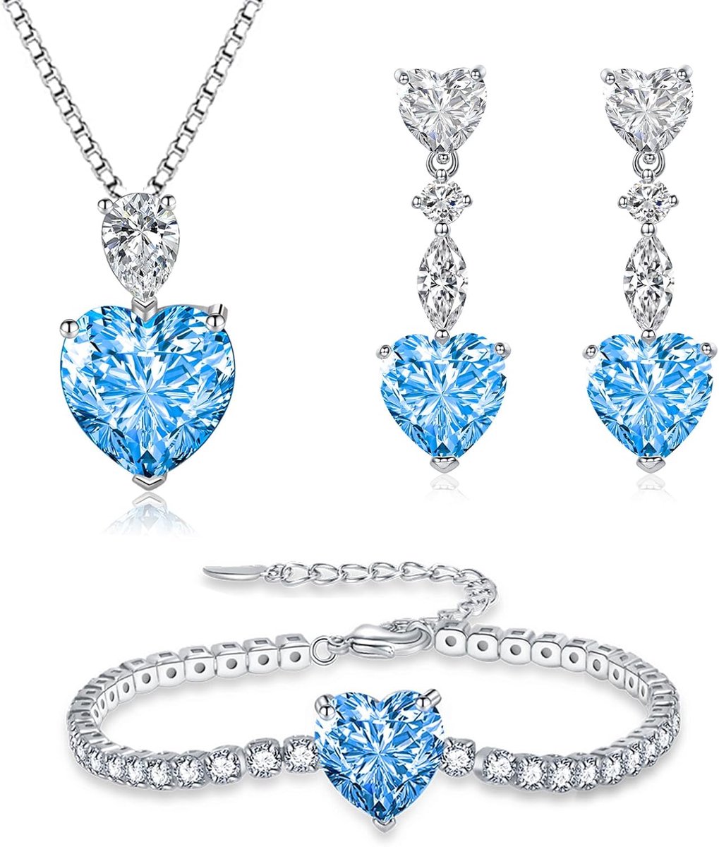 Sieradensets voor dames, 925 sterling zilver, hart, halsketting, oorbellen en armband, set van 3 hangers met ketting van 45 cm, hangende oorbellen en armband, hartvormige sieradenset