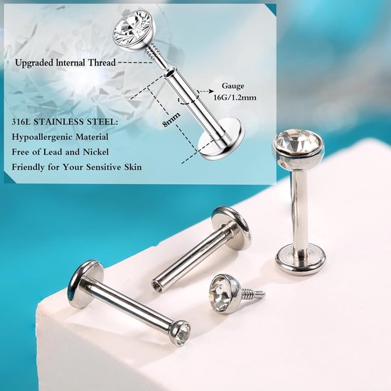 16G 12Pcs chirurgisch staal Tragus piercing sieraden neus Studs Lip Stud Labret Tragus oorbel platte achterkant Studs oorbellen Hypoallergeen kraakbeen Helix piercing sieraden 6/8mm — afbeelding 3