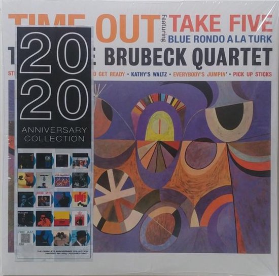 Albumhoes van 'Time Out' 20th Anniversary Collection, met de titel 'Take Five' en 'The Dave Brubeck Quartet'. Abstracte, geometrische kunst in paars, oranje en geel.
