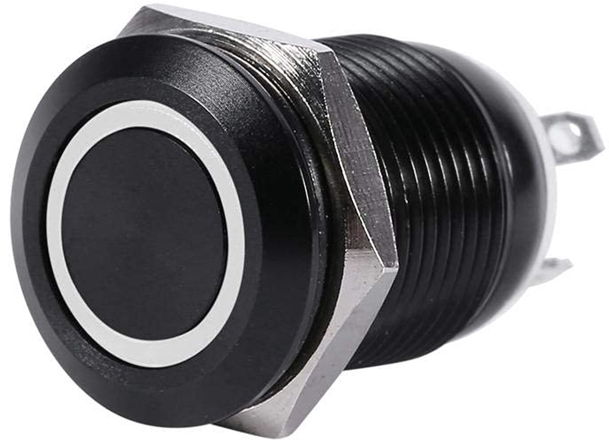 12 mm LED-drukknop-momentschakelaar voor auto - zwart, IP67 waterdicht, 2A 3V, ring verlicht (wit selecteerbaar), metalen behuizing