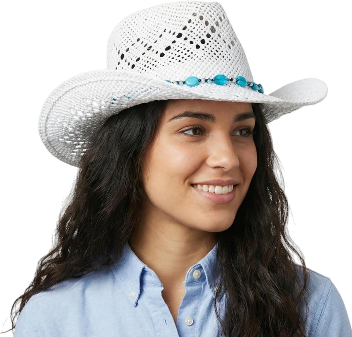 Cowboyhoed van stro voor dames, westerncowgirl-hoed, cowgirl-hoed met parels en vormbare rand