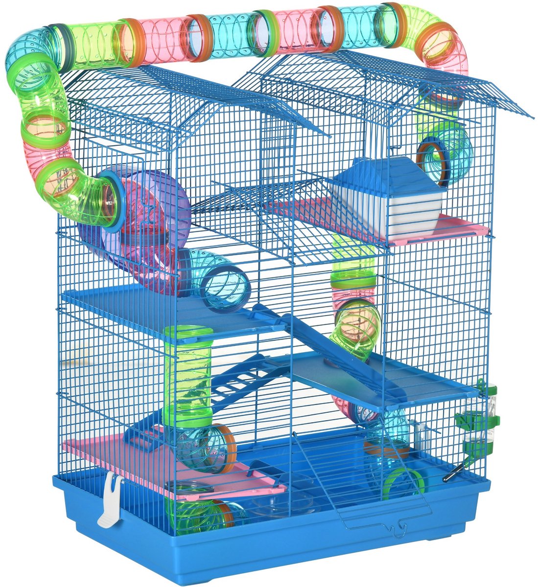 Kooi voor hamsters-muizen-kleine dieren-knaagdieren - met tunnel-voederbak-loopwiel-speelgoed - 47 x 30 x 59 cm - blauw