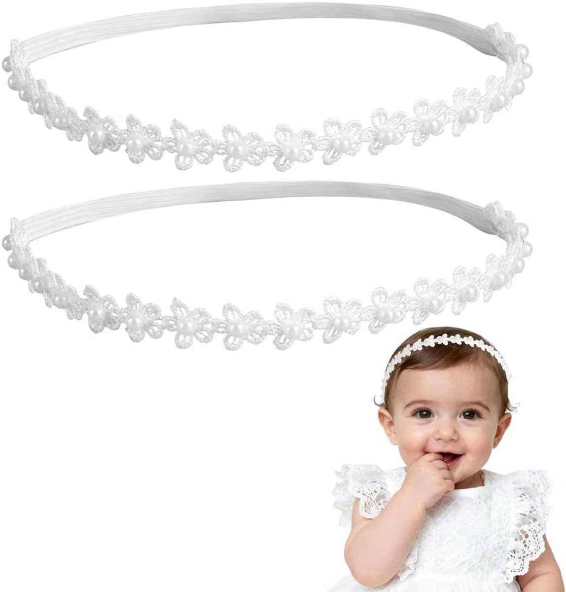 Babysieraden witte babyhoofdbanden - elastische katoenmix met kant - huidvriendelijk en zacht - SnelShoppen