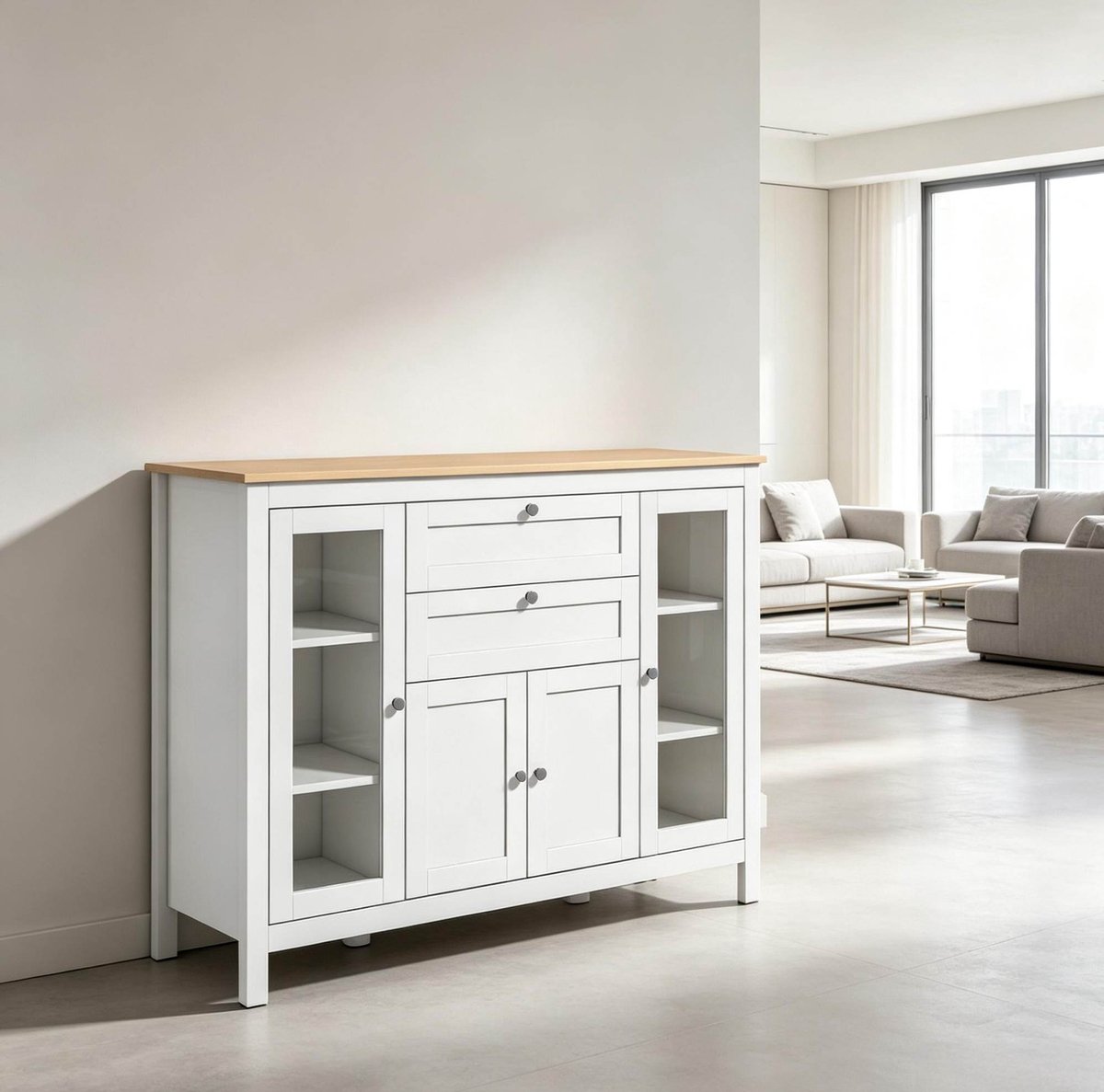 STILVORA Dressoir - Met Glazen Deuren, Verstelbare Planken En Lades - Voor Woonkamer En Eetkamer - MDF, Metaal En Gehard Glas - Wit Houtlook - 120x40x90 Cm
