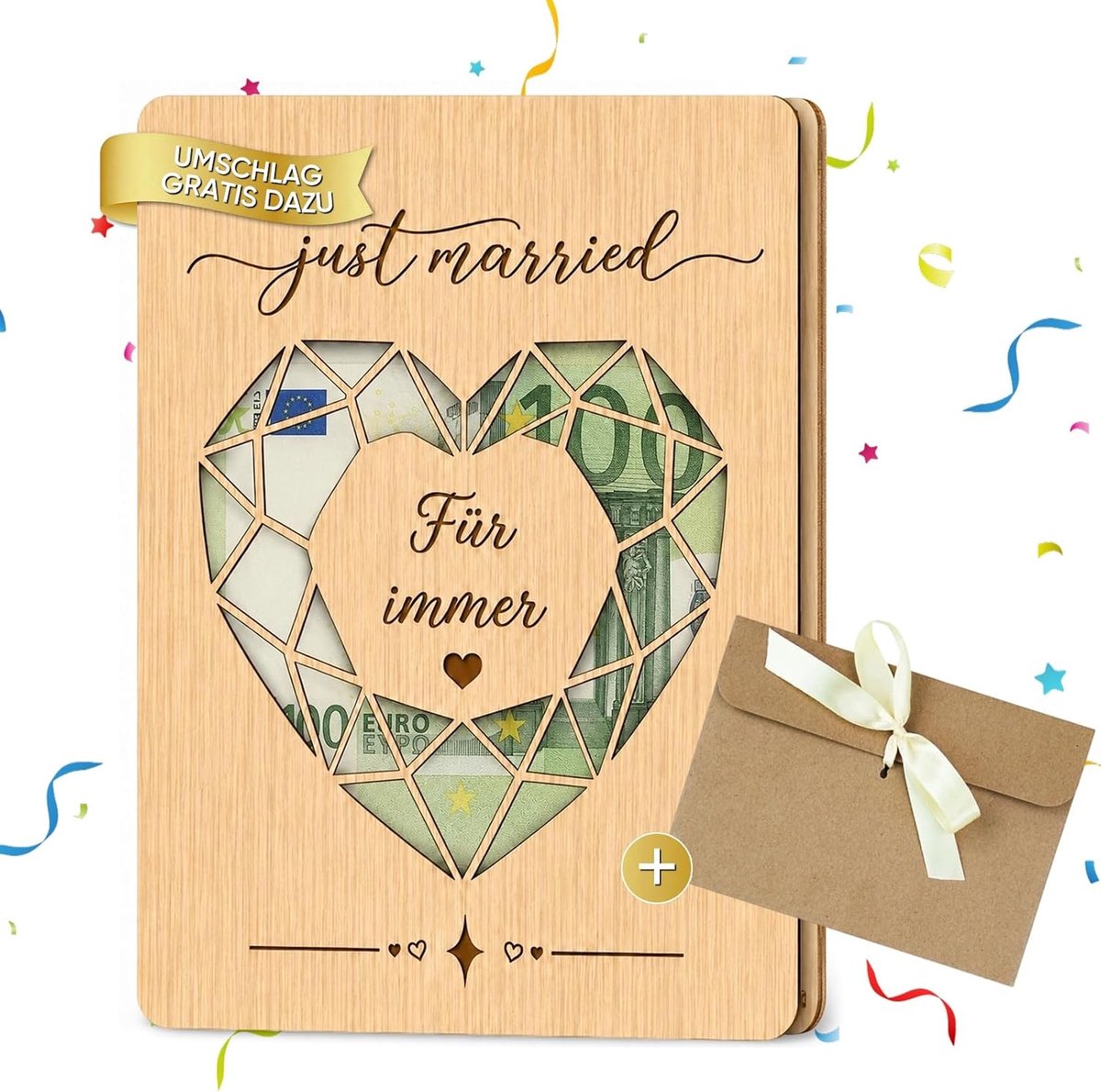 Huwelijksgeschenk houten geldgeschenk 15,5 x 10 cm - elegante bruiloftskaart - hartvormige uitsparing - SnelShoppen