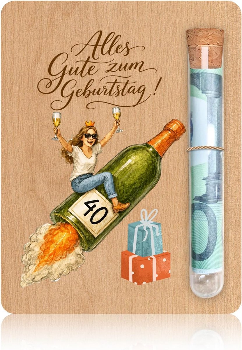 Geldgeschenk 40e verjaardag vrouw - houten kaart met reageerbuis - originele decoratie - persoonlijk cadeau - SnelShoppen