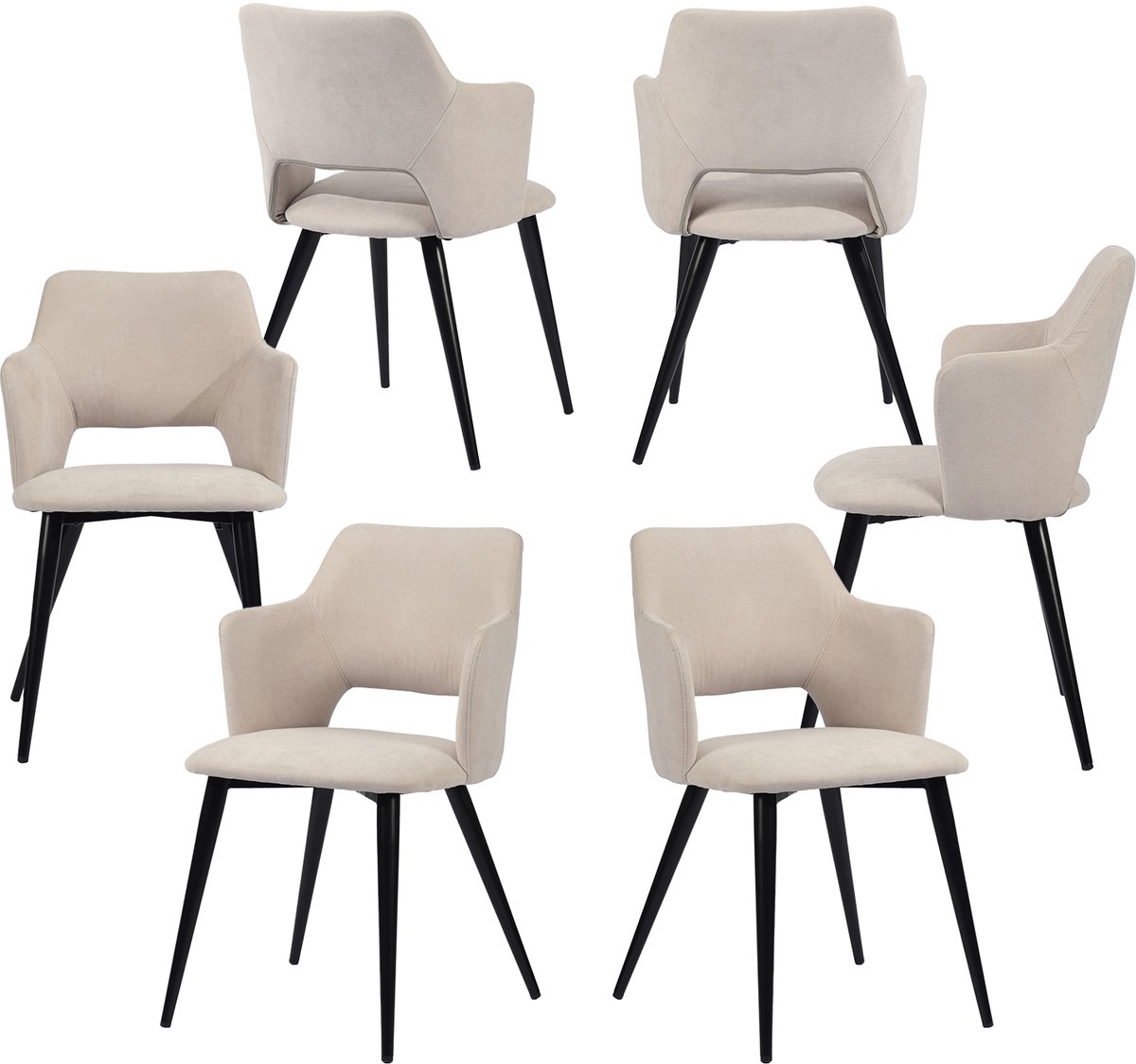 MEUBLE COSY Meubles Cosy Set van 6 eetkamerstoelen - met armleuningen – Lichtbeige – Stoffen zitting – Metalen poten