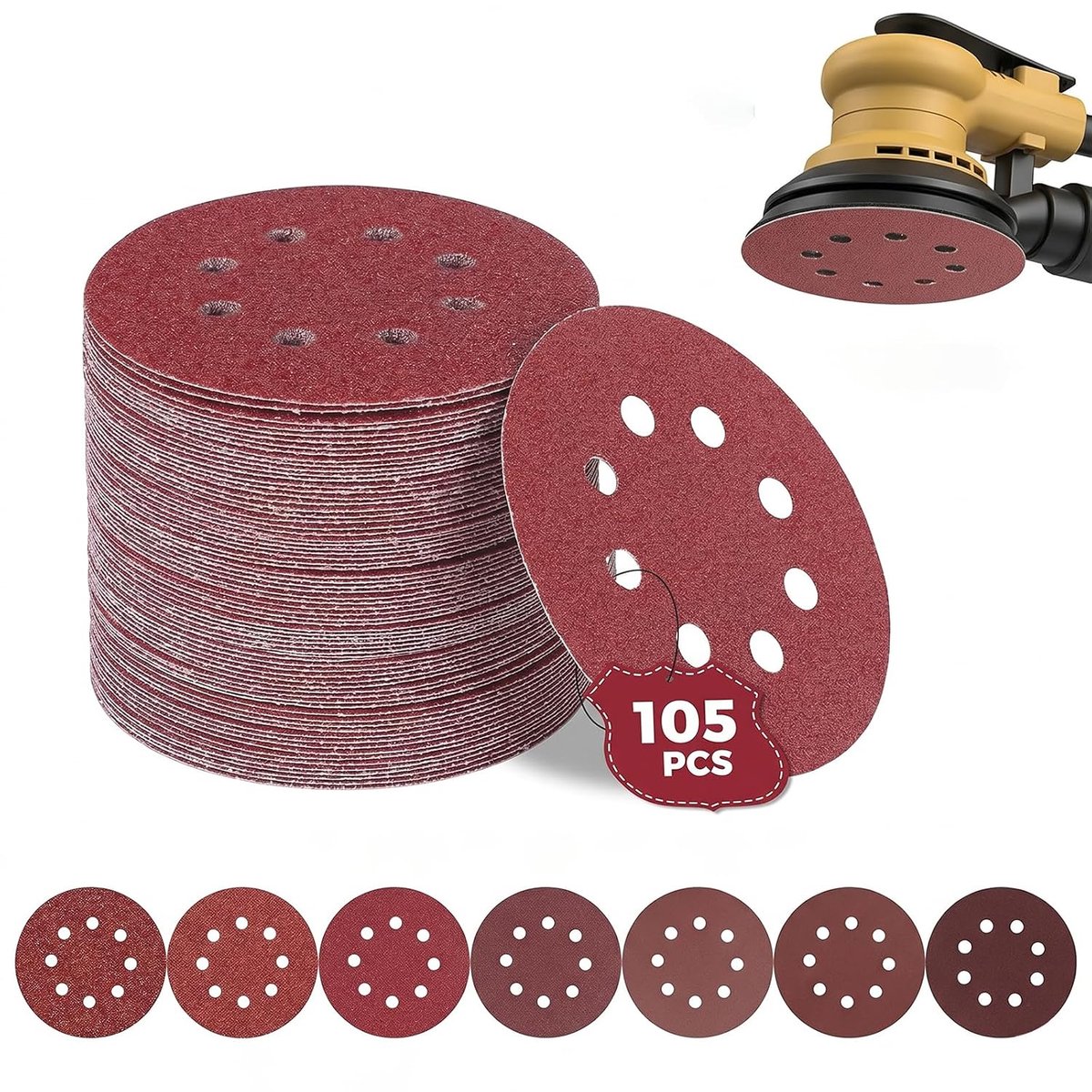 Schuurpapier set 125 mm - 105 stuks zelfklevend - 7 korrels voor excenterschuurmachine - SnelShoppen
