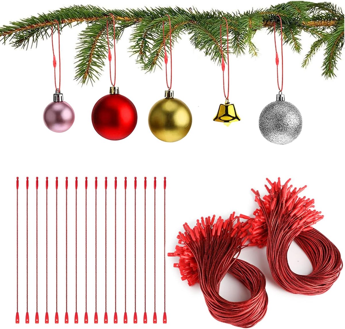 Kerst ornament haken 200 stuks - Rode lint ornamenten - Snap fasteners met touw - Eenvoudig te gebruiken - SnelShoppen