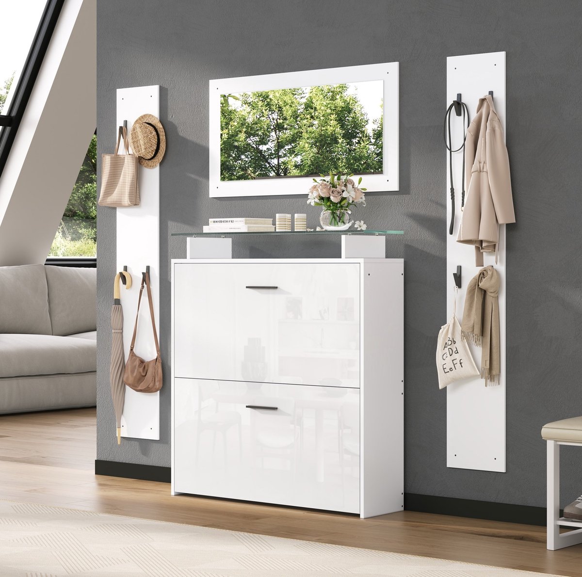 STILVORA Schoenenkast - Garderobeset Met Spiegel En 8 Haken - Hoogglans Opbergruimte Voor Hal En Entree - Spaanplaat - 89,5x23x96,5 Cm - Wit