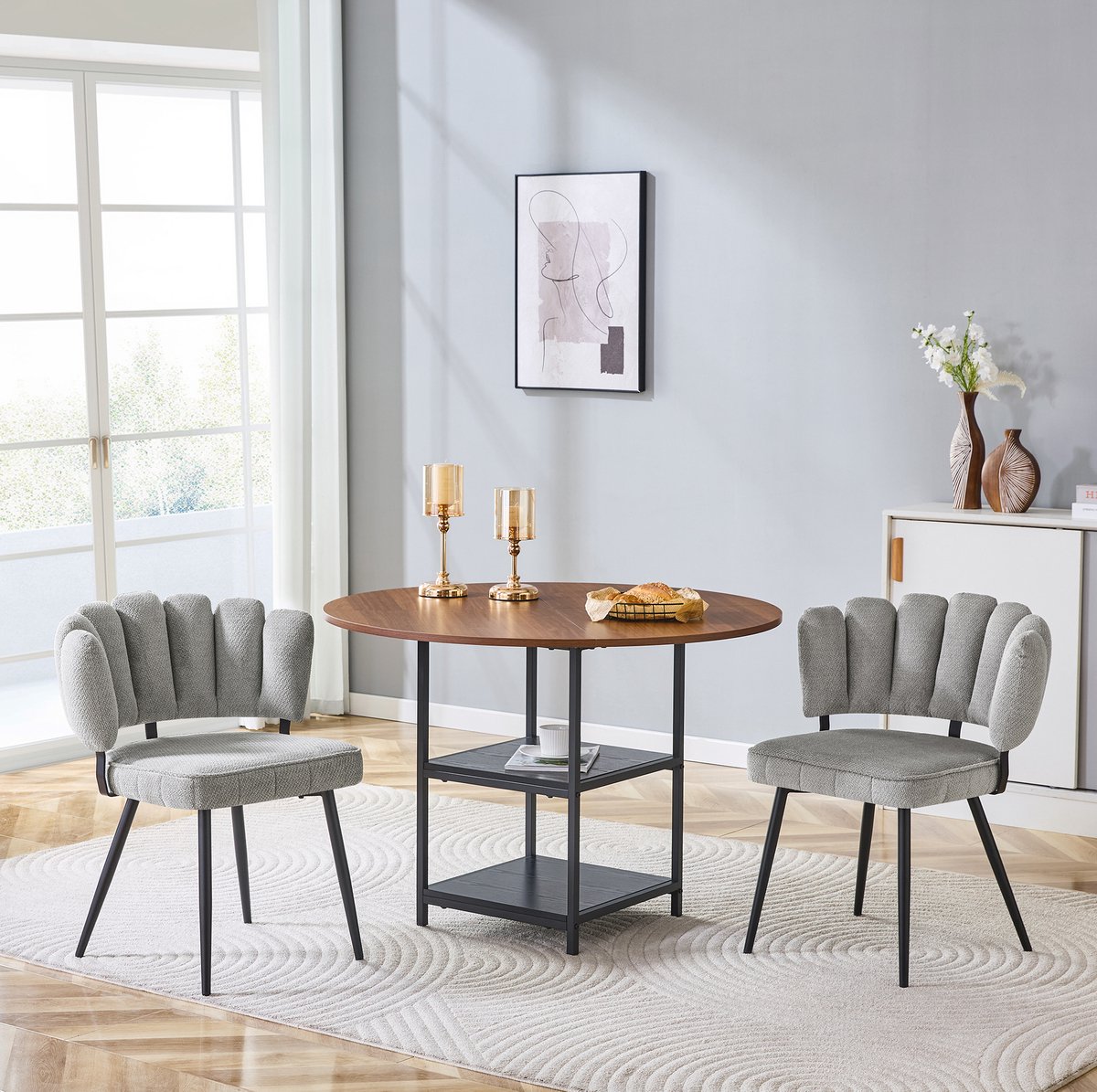 MODFU Ronde Eettafelset - 2 Stoelen - Walnootlook - Grijs - Metaal - 107 Cm