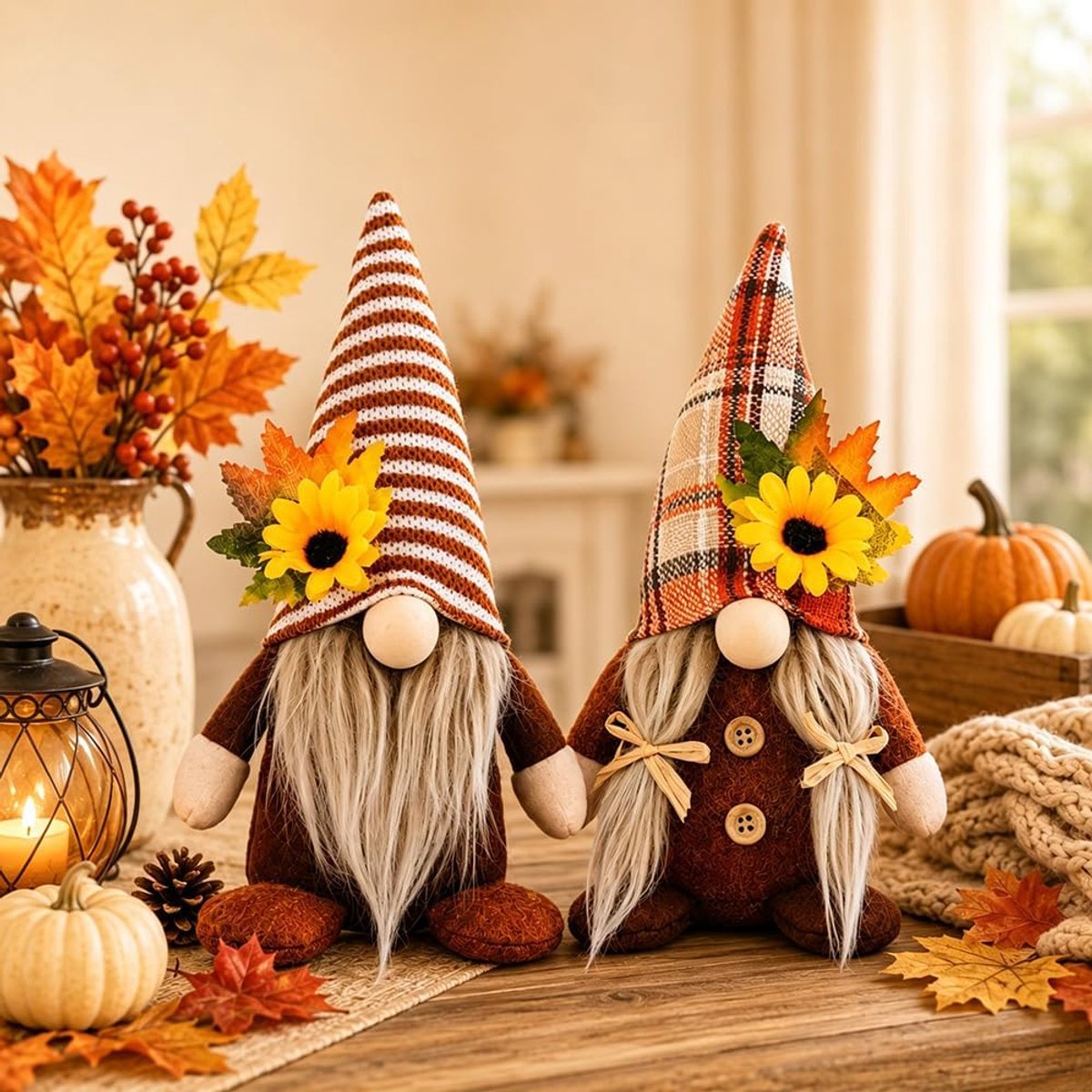 Pluche herfstkabouters 2 stuks - zachte pluche dwergen - decoratieve kabouter met zonnebloem - SnelShoppen