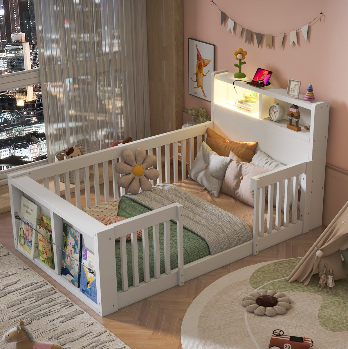 STILVORA Kinderbed 90x190 cm – Eenpersoonsbed met Hoge Uitvalbeveiliging – USB-Aansluiting en Nachtlicht – Opbergruimte aan Voeteneind – Voor Kinderen – Hout – Wit – Zonder Matras
