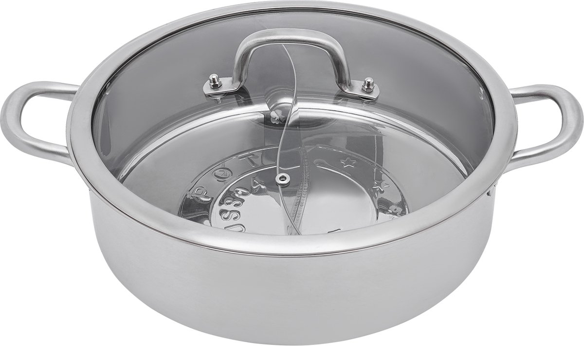 Merkloos RVS Hot Pot met Scheider en Glazen Deksel - 32 cm