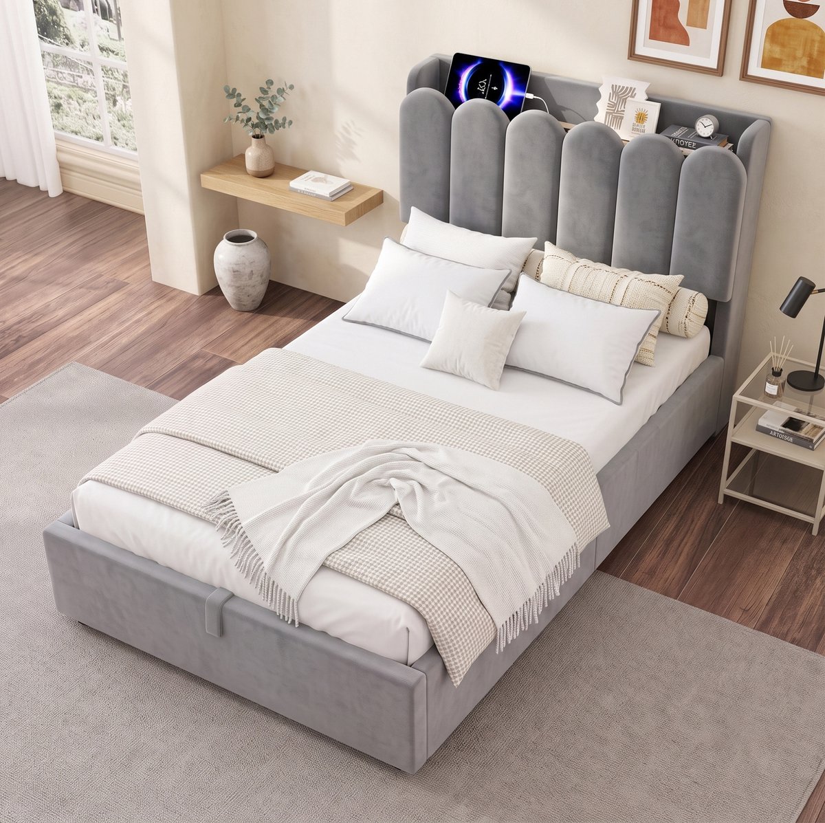 MIVRAY Eenpersoonsbed 90x200cm Zonder Matras - Opbergbed Met Lattenbodem En Leeslamp - Gevoerde Hoofdbord - Velours - Grijs