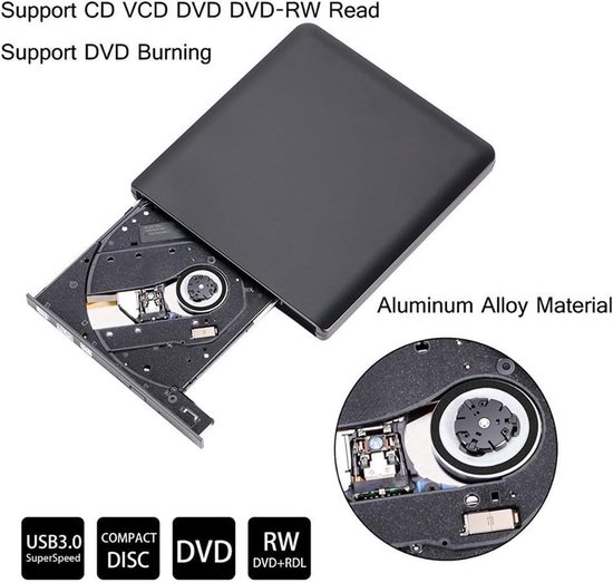 Externe Dvd-schrijver - Dvd-rw Speler - Films Kijken - USB 3.0 en C - 10 g - Zwart — afbeelding 3