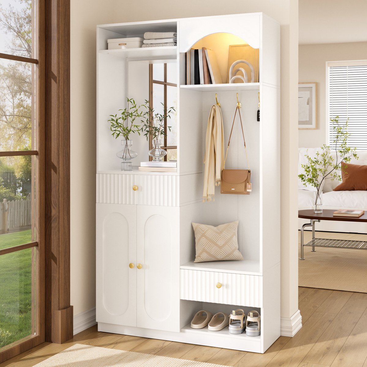 MODENUIT Halmeubel - Spiegel, Haken, Laden En LED - Voor Hal En Entree - MDF - Wit - 100x35x180 Cm