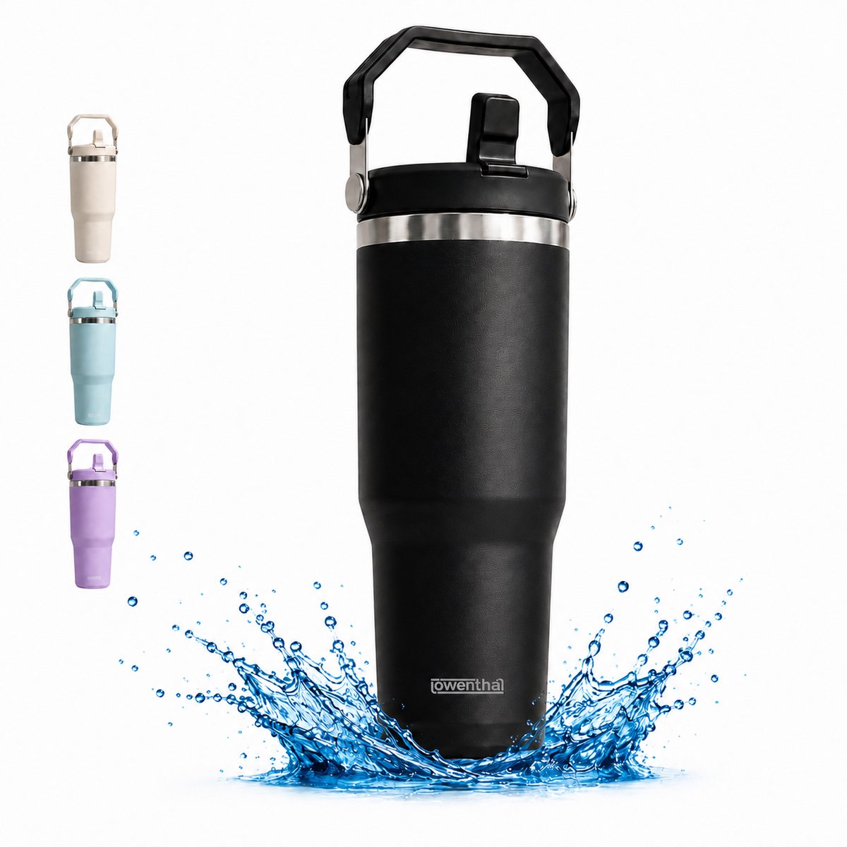 Drinkfles - Thermosfles 800 ml - 100% Lekvrij - Waterfles Met Rietje - Dubbelwandig RVS - Thermosbeker - Thermoskan To Go - Drinkbus - Sportfles - Schoolbeker Back to School - Kinderen - Travel Mug - Zwart - Löwenthal