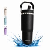Zwarte thermosfles met handvat, omringd door een water splash. Beige, blauwe en paarse flessen zijn zichtbaar.