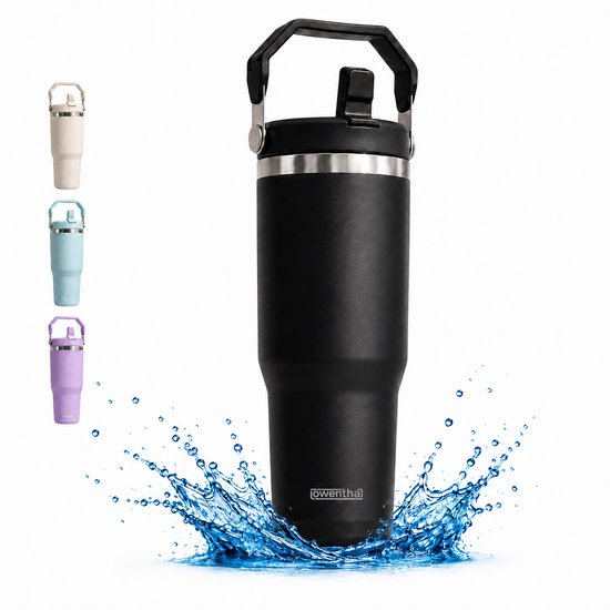 Drinkfles - Thermosfles 800 ml - 100% Lekvrij - Waterfles Met Rietje - Dubbelwandig RVS - Thermosbeker - Thermoskan To Go - Drinkbus - Sportfles - Schoolbeker Back to School - Kinderen - Travel Mug - Zwart - Löwenthal