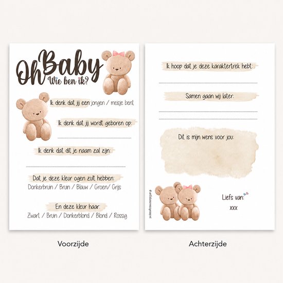 Cartes de jeu pour baby shower avec des oursons adorables. Texte 'Oh Baby Qui suis-je ?' et 'Achterzijde'.