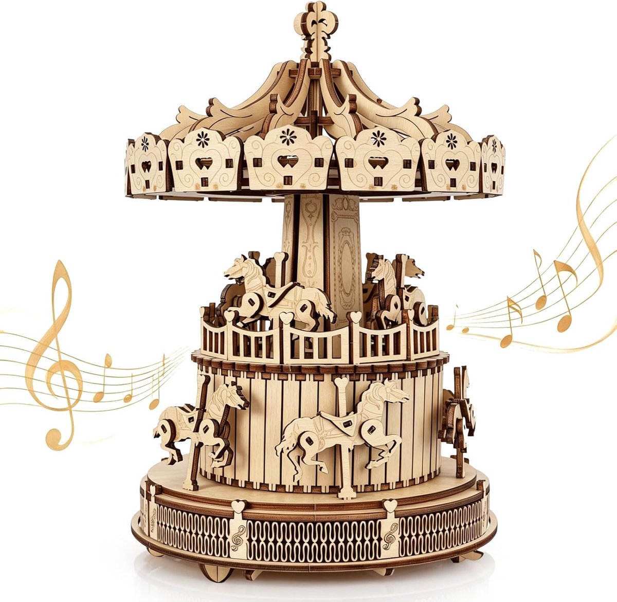 Houten puzzel muziekdoos carrousel - 3D modelbouwset - Bewegende paarden - Creatief interieurdecoratie - ShopVlot
