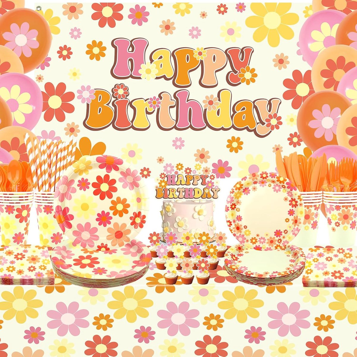 Feestdecoraties Daisy - Set voor 20 Personen - Inclusief Borden, Bekers, Ballonnen - Perfect voor Verjaardagen - ShopVlot