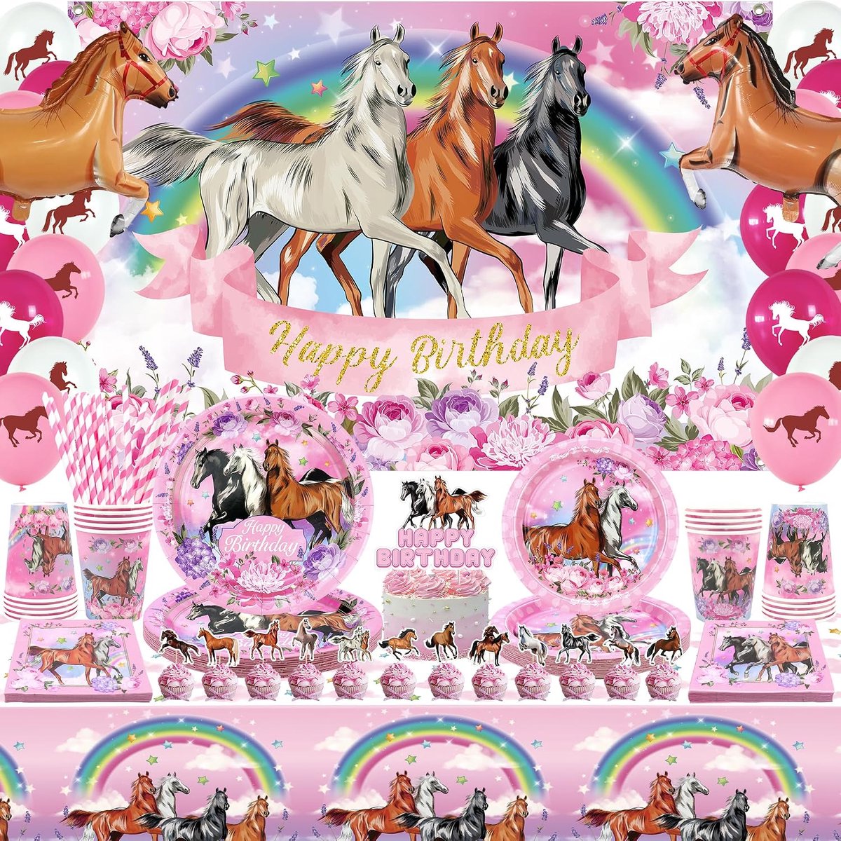 Verjaardagsaccessoires voor meisjes - 159 stukjes paardenthema - feestdecoratie voor 20 personen - ShopVlot