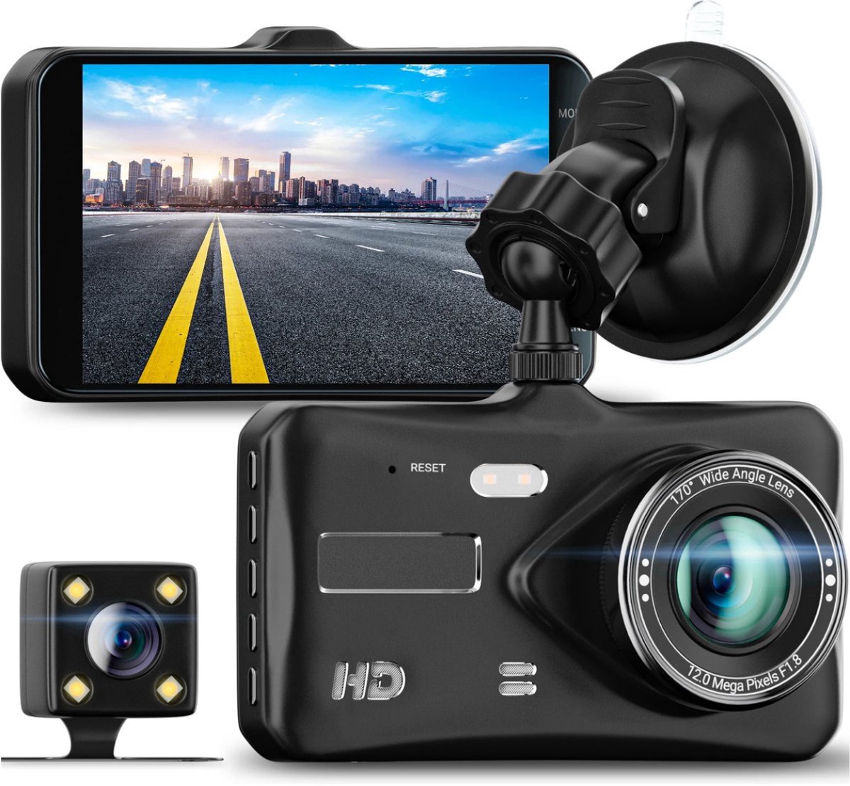 RaviSoll Dashcam Auto – Dual Dashcam Voor en Achter – Full HD Opname – 170° Groothoeklens – Parkeermodus – Nachtzicht – Eenvoudige Installatie