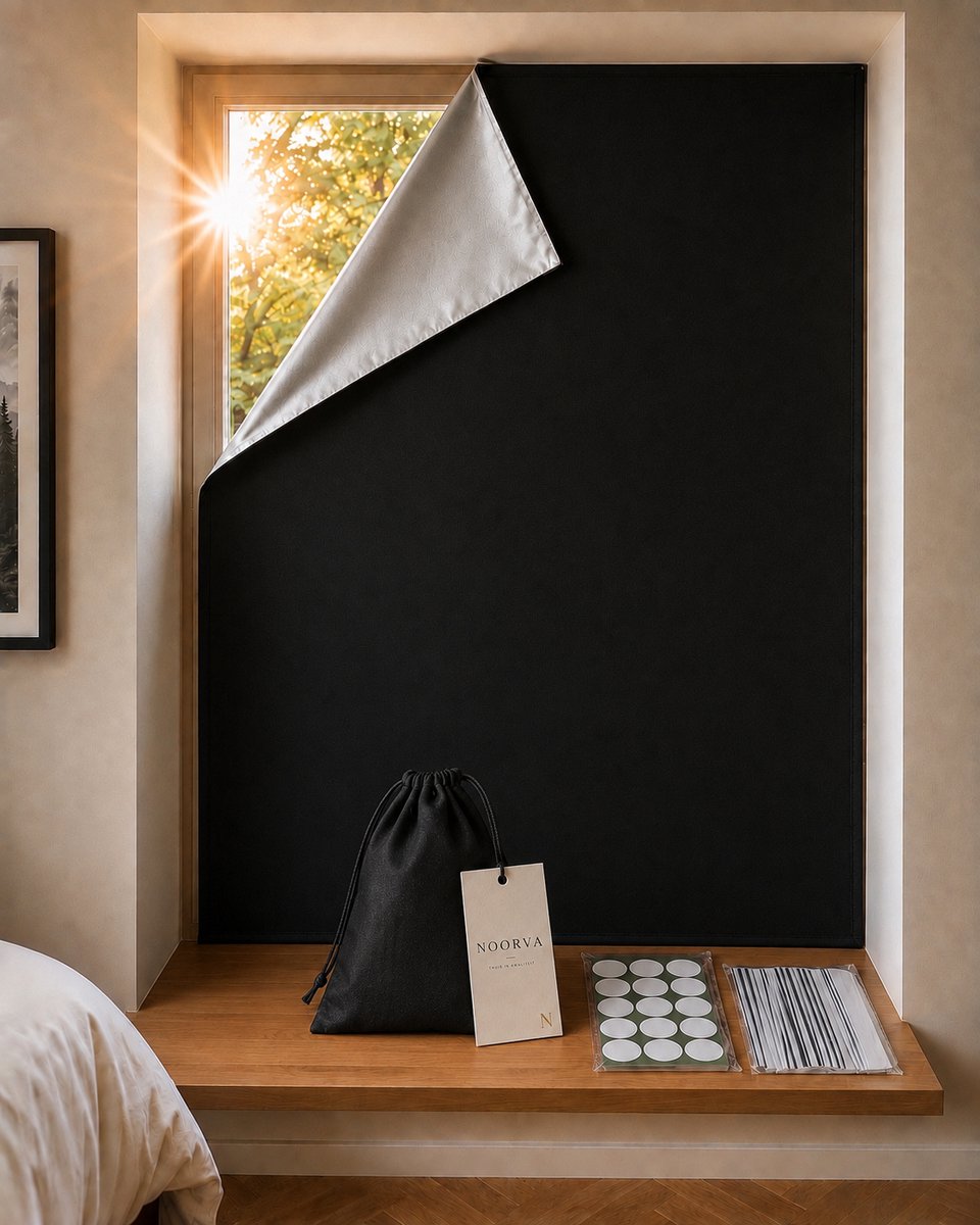 NOORVA Verduisteringsdoek Zonder Boren – 150x240 cm Zwart – Verduisteringsgordijn met Klittenband – Warmtewerend & Lichtdicht – Incl. Opbergzak