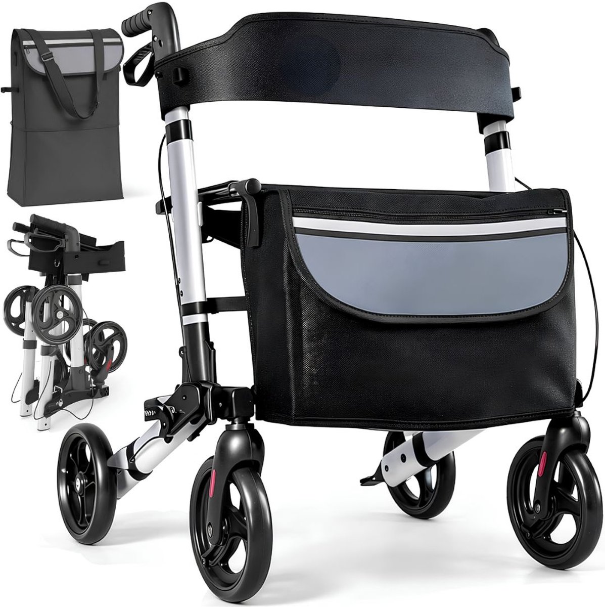 Lìon® Rollator - Opvouwbare Rollator - Rollators Binnen en Buiten - Zwart/Zilver - 67cm x 63cm x 95cm