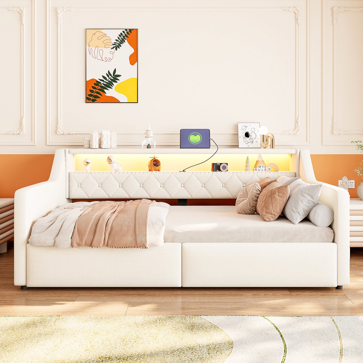 MIVRAY Bedbank 90x200 cm - Zonder Matras met LED Verlichting en Hydraulische Opbergruimte - USB en USB C - Stof en MDF - Beige