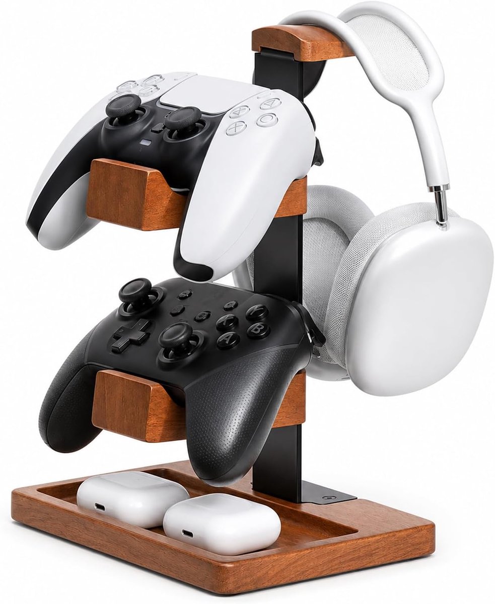 Controllerhouder en hoofdtelefoonstandaard - massief hout - opbergrek voor gaming - creëert orde op bureau - ShopVlot