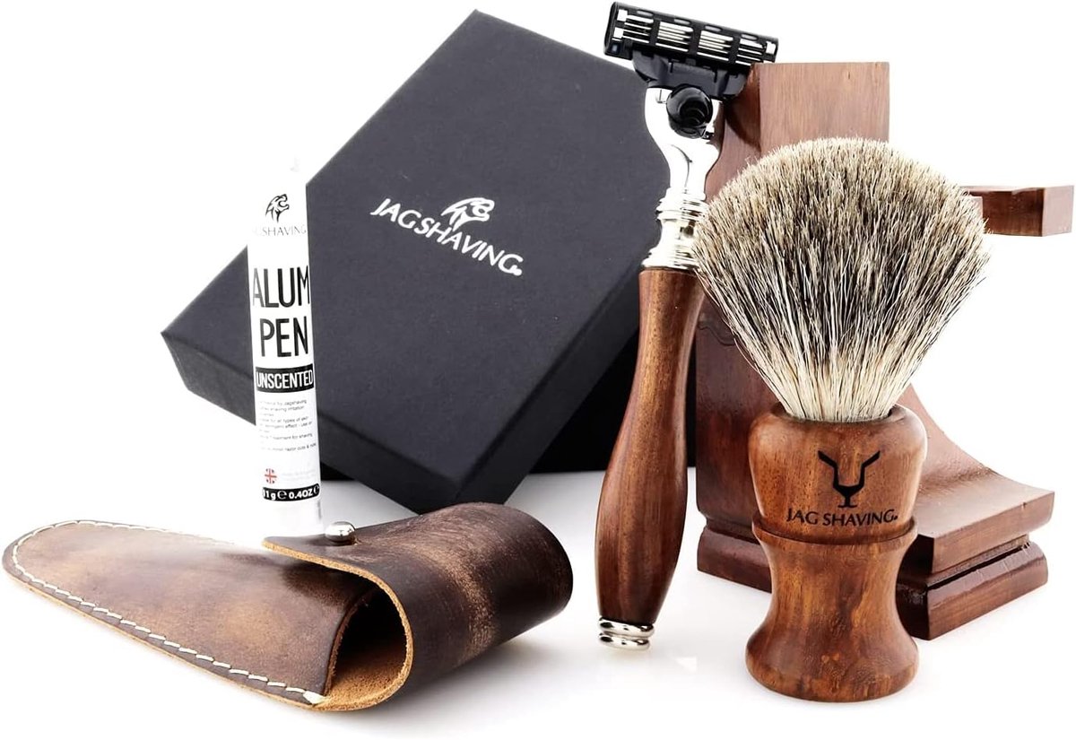 Scheerset 4-delig - Hout en RVS - Super badger haar scheerkwast - Luxe voor dagelijkse verzorging - ShopVlot