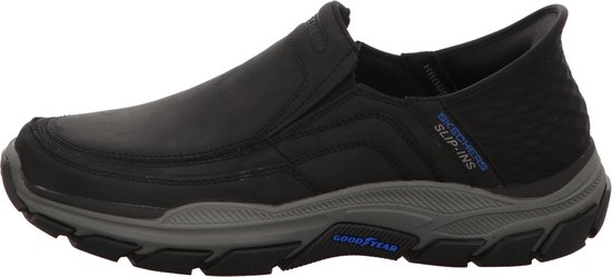 Zwarte Skechers Slip-ins heren instapper met grijze zool en blauwe tekst. Goodyear zool.