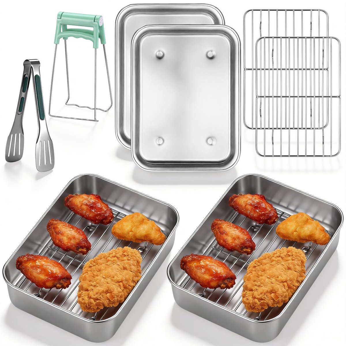 Set van 6 RVS Airfryer Accessoires - 304 Roestvrijstalen Ovenvormen met 2 Bakschalen, 2 Roosters en Hittebestendige Handgreep - Vaatwasserbestendige Airfryer Set - Geschikt voor Airfryer, Oven en Keukenbereiding